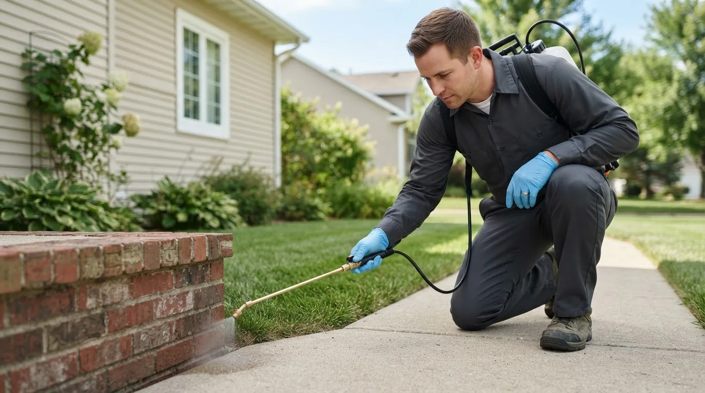 Pest control technician treating a home near Homestead, IA