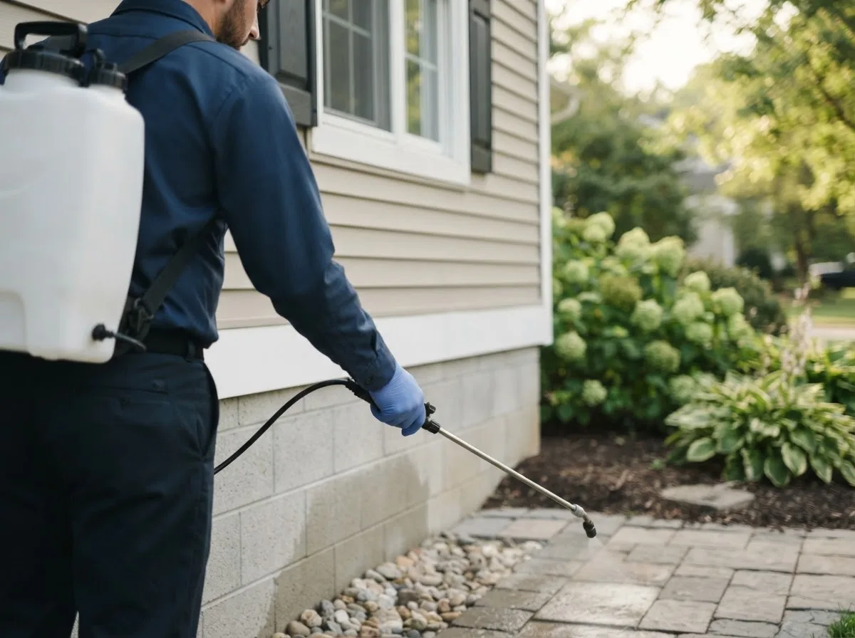 Pest control technician inspecting a home in Homestead, IA
